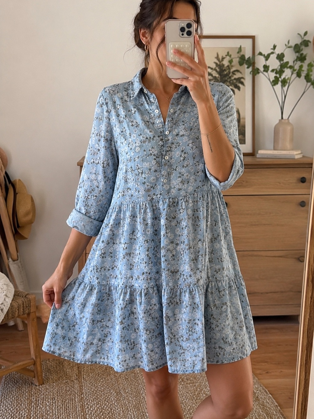 Valentina Naldi Italy 100% Tencel Floral Tiered Shirt Dress M Cottagecore Soft